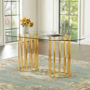 71 inch oval tempered glass dining table,black double column light luxury style,tempered glass scratch resistant and easy to clean.Suitable for 6-8 people dining, modern light luxury restaurant table.