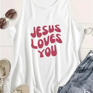 Jesus Loves You Tank Top Rayon Polyester Spandex Blend, Women's Christian Faith Graphic Vest, Cute Casual Top