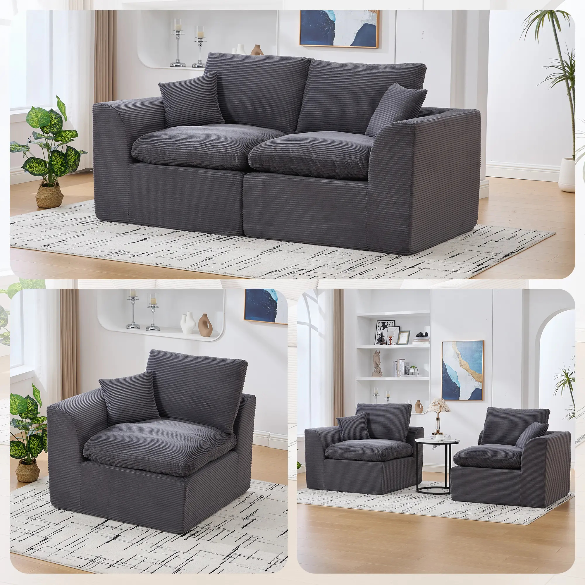 Modular Sectional Sofa Cloud Couch 2 Seater Comfy Modern Sofa with Removable Cushion Covers No Assembly Required Living Room Furniture for Apartment Dorm Bedroom, Living Room Furniture for Apartment, Lounge, Family Room, Office and Home Seating