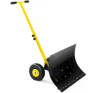 Garvee Snow Shovel with Wheels Heavy Duty Steel Blade Adjustable Angle & Height Handle 29.1"x19.3" Rubber Wheels Driveway Pavement