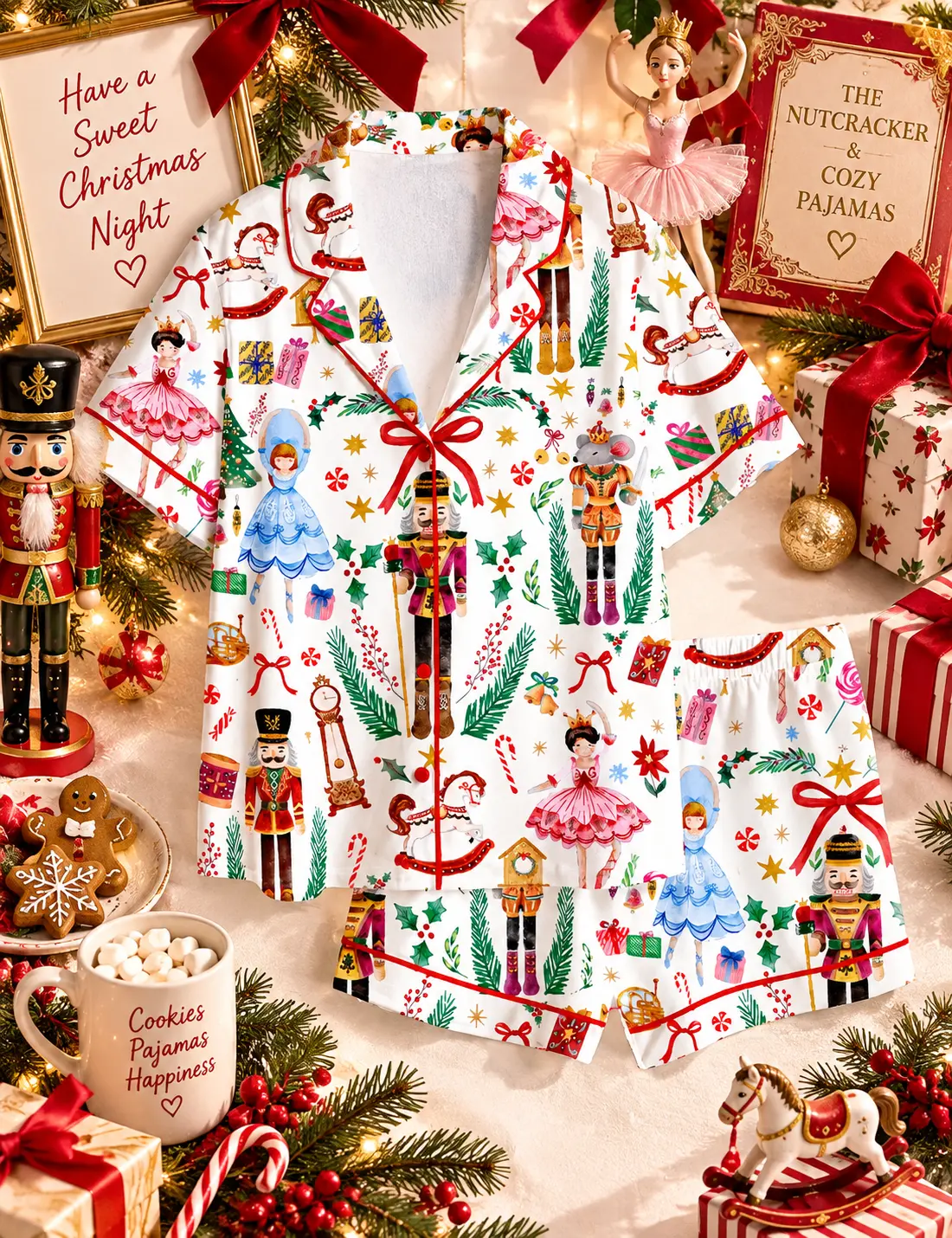 Vintage Christmas Nutcracker Pajama Set for Kids & Adults, Ballet Holiday Satin PJs, Festive Sleepwear, Long & Short Lounge Set, Gift