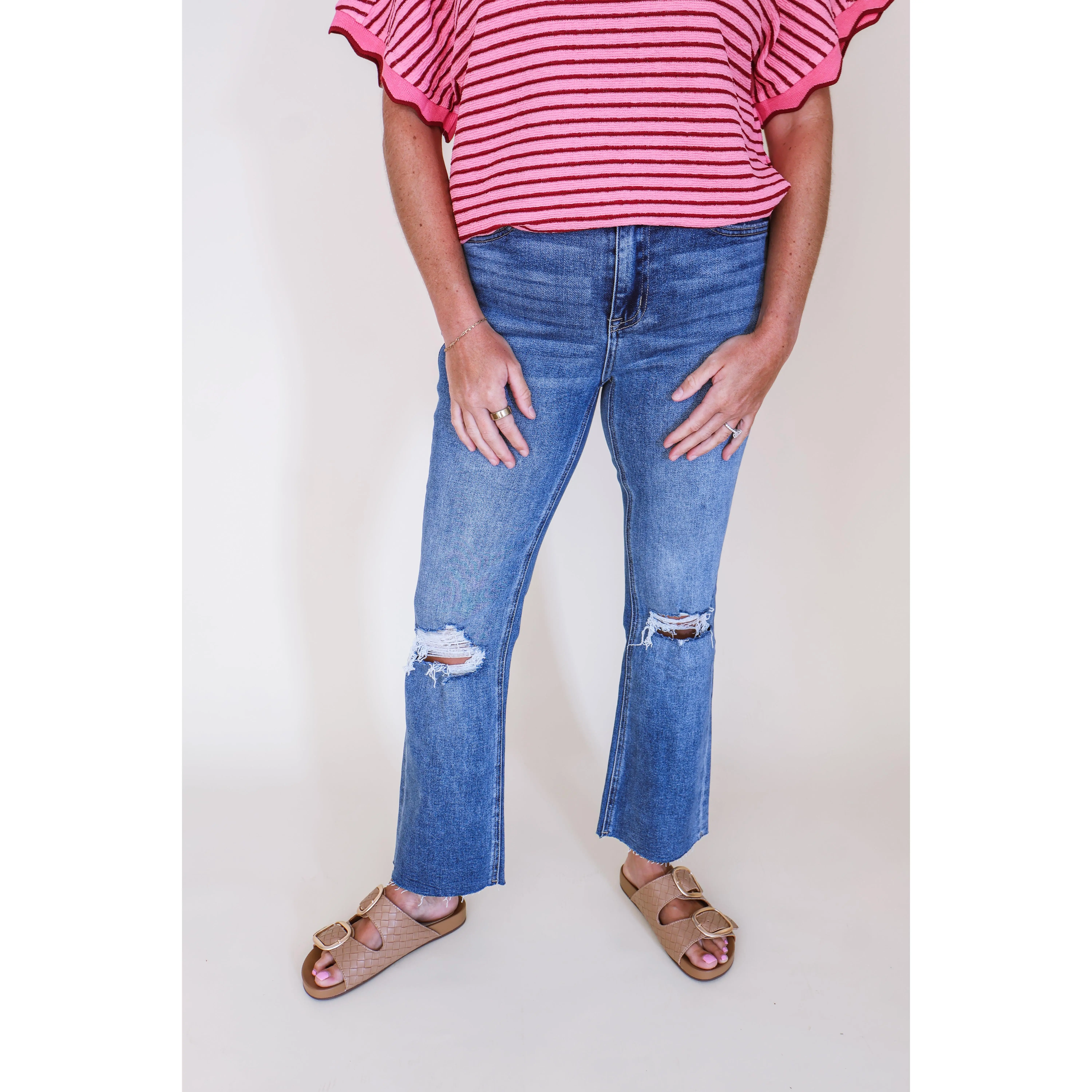 High Rise Clean Cut Raw Hem Crop Flare Jeans
