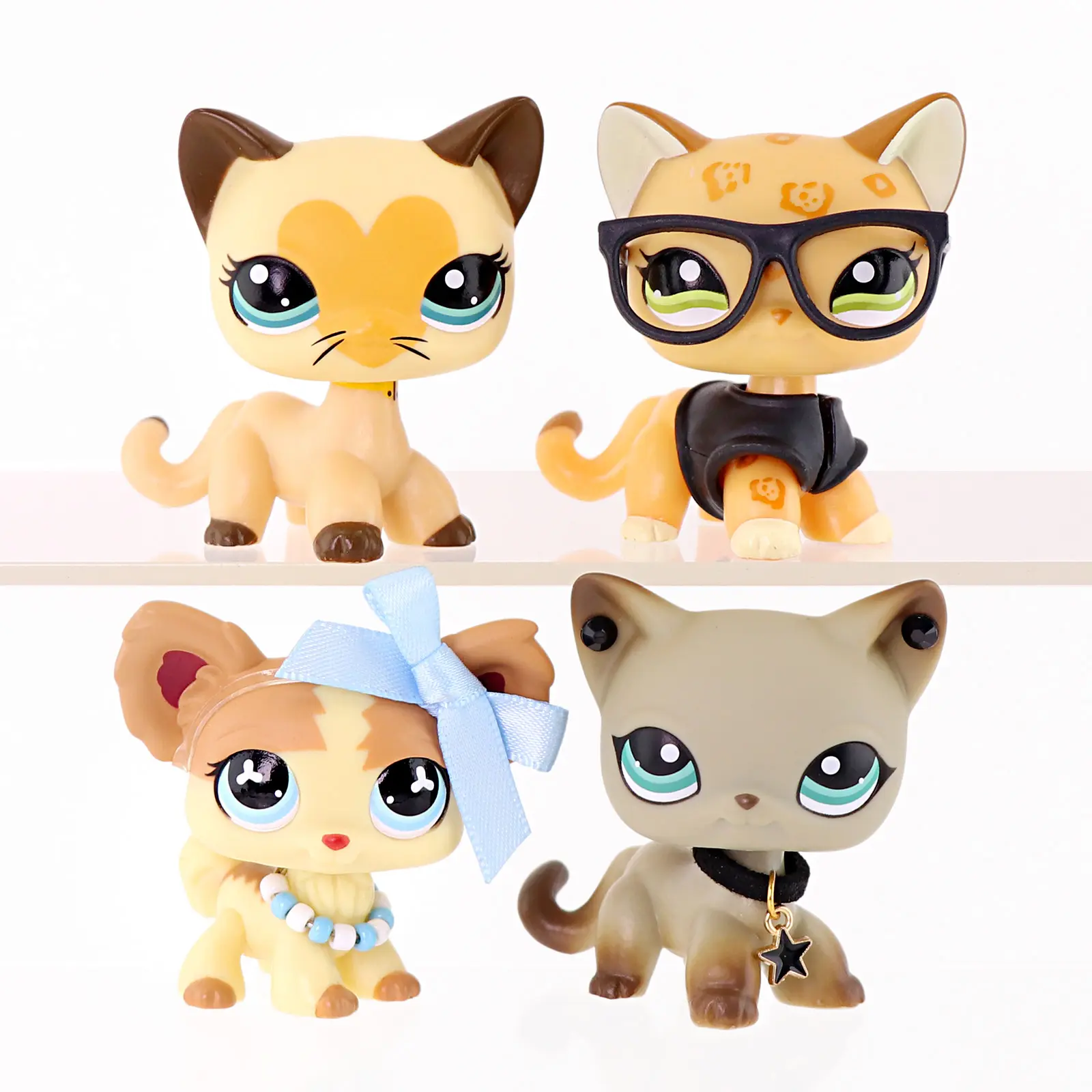 4 Pcs Fashion Mini Cat Collectible Figures Set, Hand Painted Kitten Toy Figurines with Glasses, Bow, Star Pendant & Collar Accessories, Tiny Animal Statues for Cake Topper, Dollhouse Decor, Gift for Kids Girls Boys Age 4+
