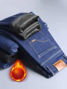 Men's Fleece Lined Thick Denim Jeans, Loose Straight Leg Elastic Big Size Business Casual Pants for Fall Winter, Comfortable & Stylish