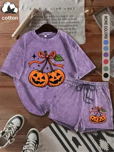 Washed cotton, two-piece suit for women "Halloween" cute and playful Halloween pumpkin lantern pattern printed T-shirt and shorts, casual short-sleeved T-shirt and shorts, women's four-season two-piece suit, women's clothing