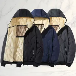 Men's Hooded Winter Cotton Jacket with Fleece Lining Warm Graphene Coat for Seniors Ultrasonic Insulated Outerwear Suitable for Everyday Use Menswear Tops Long Sleeve Casual  Plain casual fleece-lined men outerwear top warm men  Black thick jacket hood co