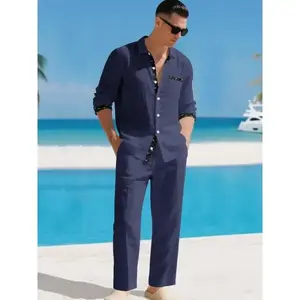 Men's Linen Shirt Two-Piece Set, Casual Beach Hawaiian Style, Edge Floral Design Collar Long Sleeve Loose Fit