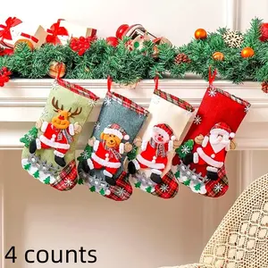 4-Pack Classic Christmas Stockings Featuring Santa Claus, Snowman, and Reindeer, Perfect Holiday Decor for Home, Office, and Yard