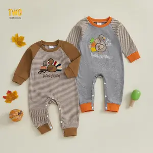 Infants Boy Thanksgiving Romper Turkey Embroidery Stripe Long Sleeve Round Neck Full Length Jumpsuit