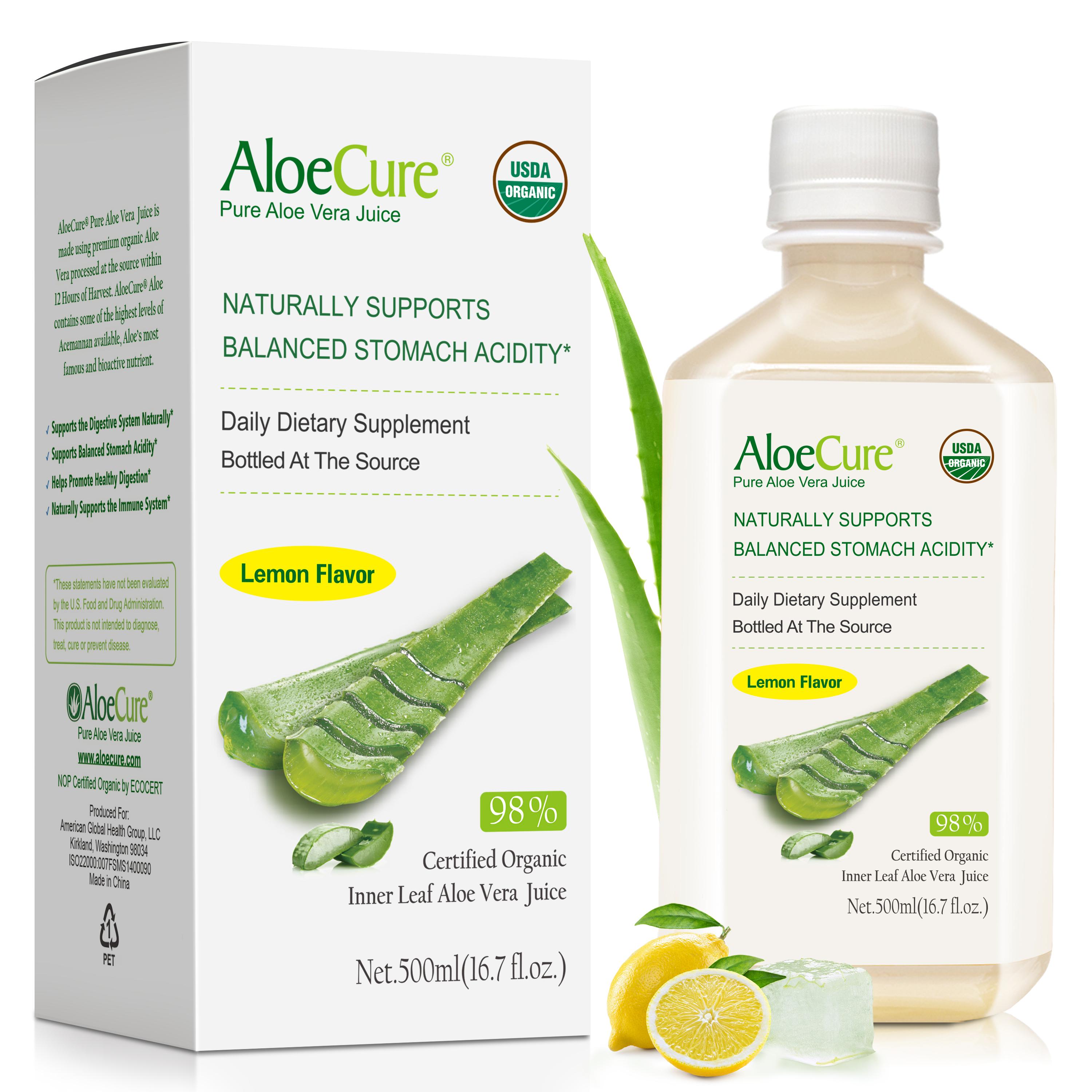 AloeCure USDA Organic Aloe Vera Juice Lemon Flavor - Made Within 12 Hours of Harvest - Natural Stomach Acid Buffer to Su