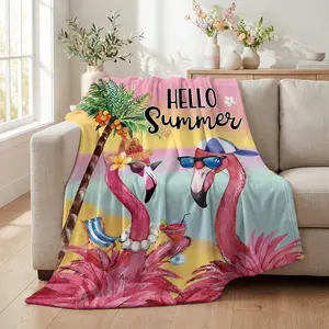 Spring Summer Flannel Blanket Throw, Hello Summer Flamingo Soft Fuzzy Plush Cozy Fleece Blankets for Couch Sofa Bed Lounging, Ideal Gifts for Kids Adults