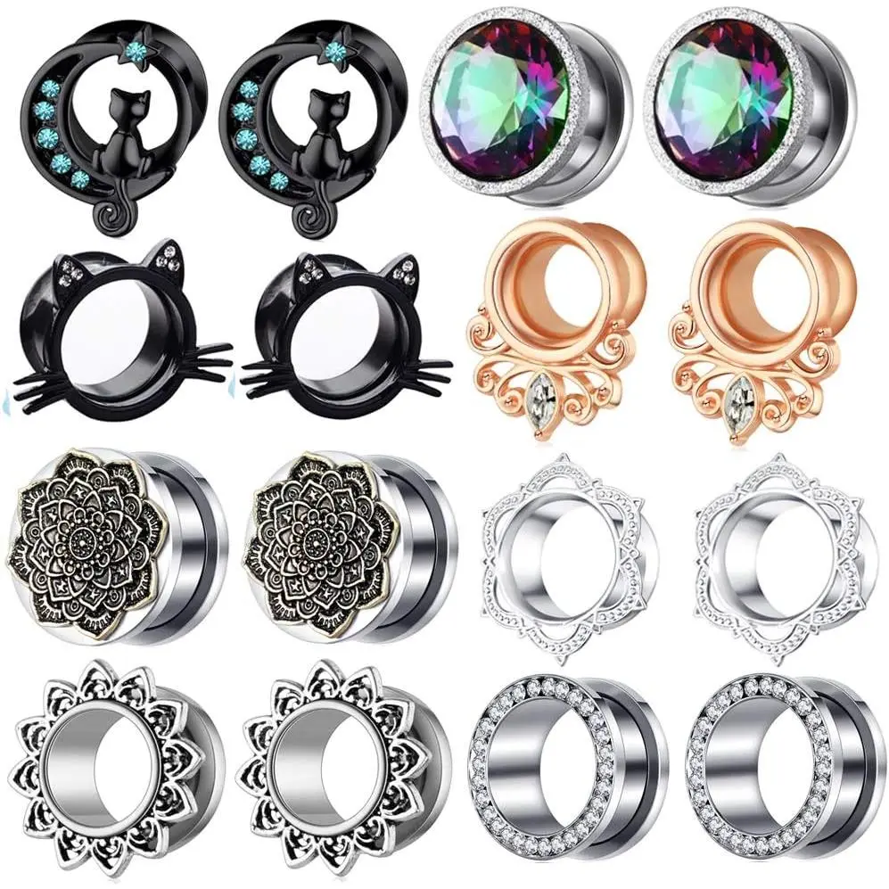 Stainless Steel Zircon Ear Tunnels Earrings Guages Piercing Plugs Stretcher Gauges for Women Men