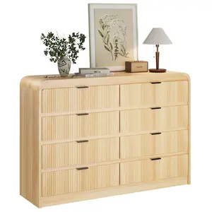 Fluted 8 Drawers Dresser for Bedroom, 55" Wide Wooden Dresser with Metal Handle, Curved Profile Design, Modern Storage Organizer for Living Room, Hallway (White)