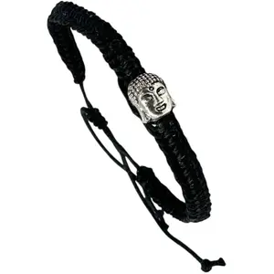 Buddha Braided Macrame Bracelet Black Cord with Silver Charm Handcrafted Adjustable Sliding Knot Closure Spiritual Accessory for Meditation or Everyday Wear