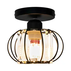 Modern Round Flush Mount Ceiling Light Black Iron Glass 16cm Diameter E26 Bulb Compatible 110-240V for Bedroom Office Kitchen Hallway Hanging