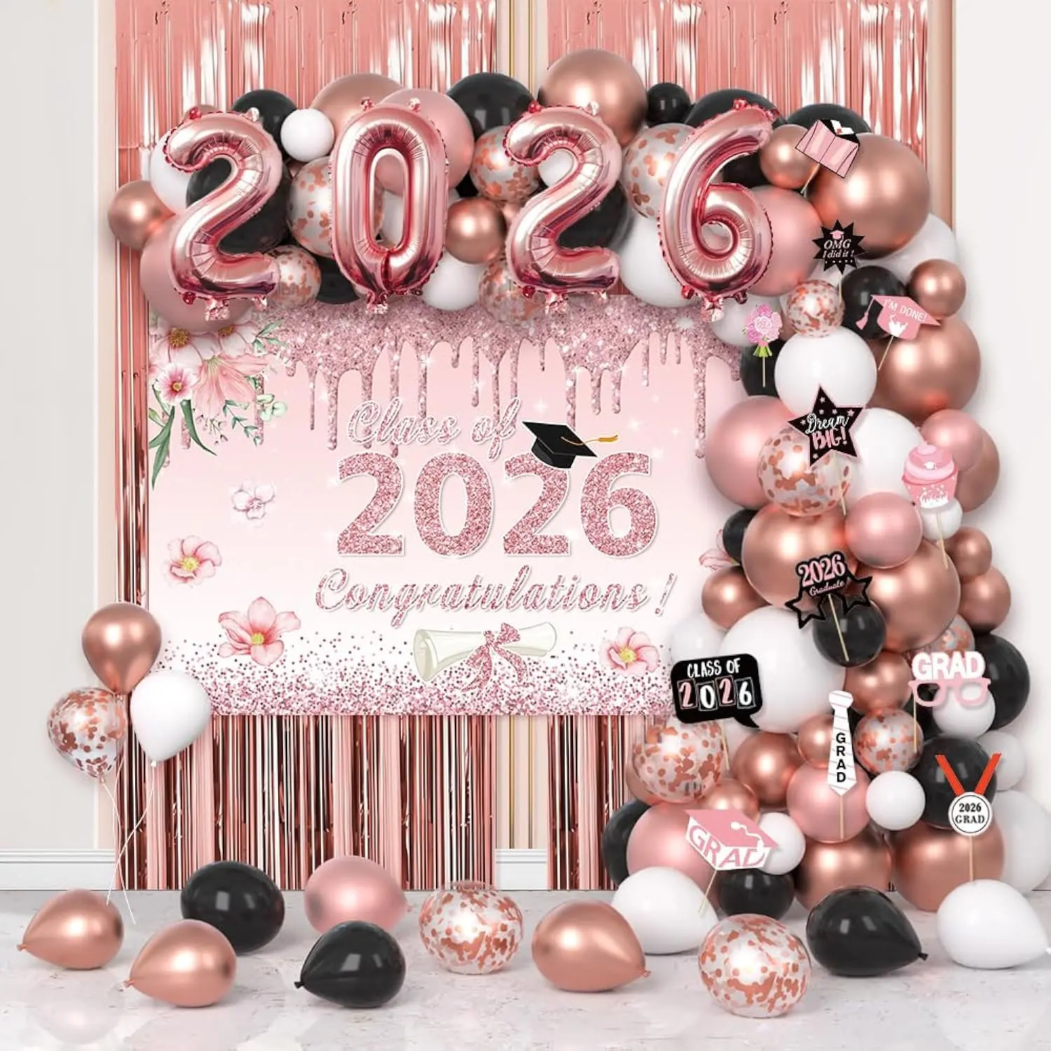 123-Piece Rose Gold Graduation Party Kit Congrats Grad Banner & Class of 2026 Balloon Arch
