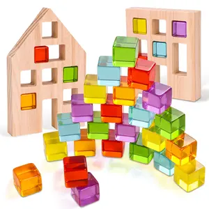 Woodtoe Wooden Building Blocks Set for Kids, Kids Valentines Toys, 24 PCS Rainbow Gem Cubes Stacking Blocks - 2 Wood House, Montessori Stacking Toy for Toddlers, Educational STEM Birthday Valentines Day Gifts Toys for Boys Girls