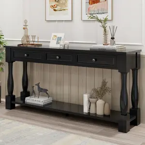 63*14.8*30 Inch Mediterranean Console Table, Distressed Finish Pine Wood MDF Entryway Sofa Table with 3 Drawers, 154 LBS Tabletop Capacity Narrow Long Accent Storage Table Easy Assembly for Hallway Living Room
