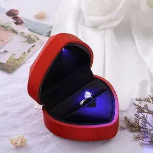 VOSAREA LED Heart Shape Ring Box Case for Anniversary Valentines Day Wedding Red Velvet 7x8.5cm with Soft Light for Proposal