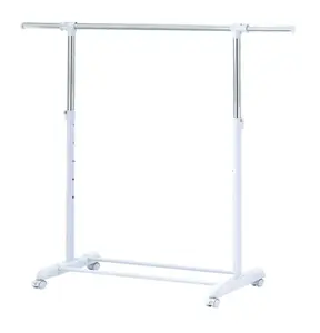 Adjustable Rolling Garment Rack Metal Chrome, White, 84-121Wx44Dx123.5-163Hcm