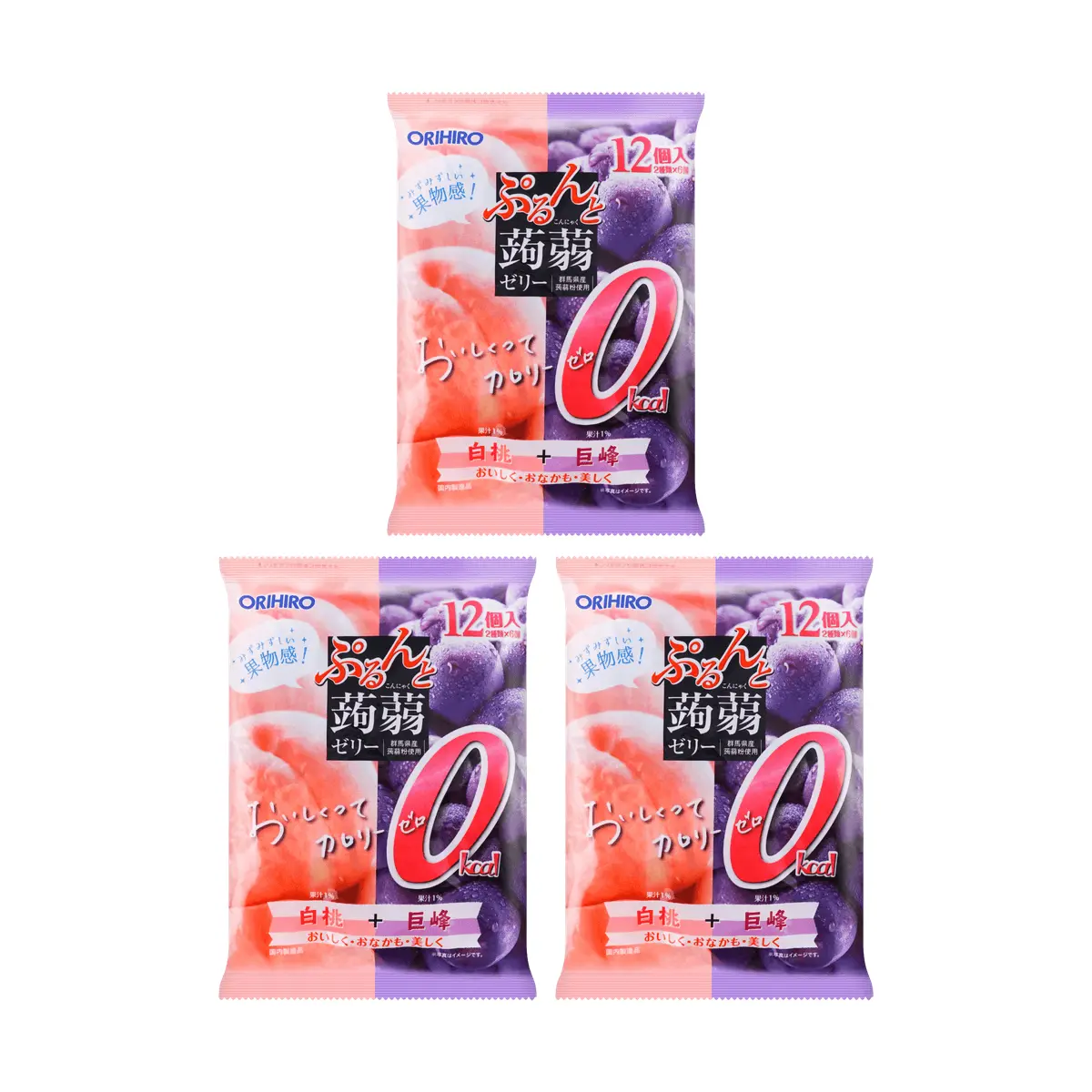ORIHIRO Konjac Jelly Peach & Grape Flavors - Low Calorie, High Fiber, Fat-Free Snack, 12 Pouches (216g) x 3 Value Pack