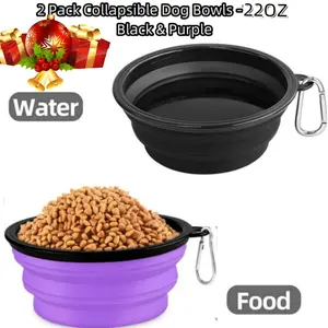 2 Pack 12oz/22oz Foldable Dog Travel Bowls with Clasp Pet Cat Feeding Cup Dish for Traveling Walking Hiking Black Purple Collapsible Dog Bowl Portable Elevated Slow Feeder
