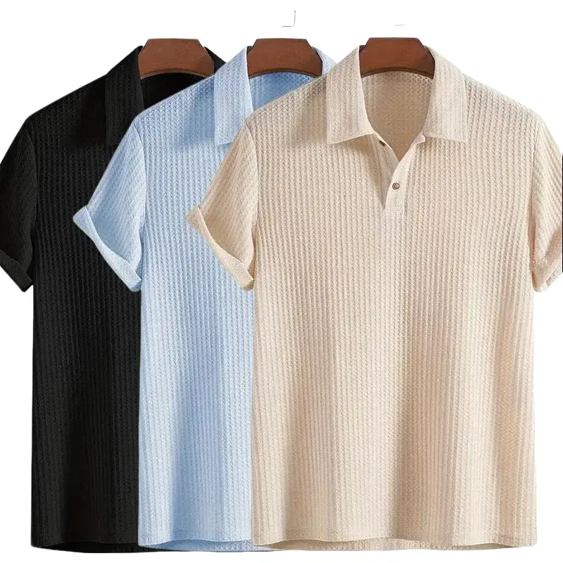 Men's Stylish 3D Cut Small Turn-Down Collar Short-Sleeve Polo Shirt, Breathable Diamond Knit Mesh Menswear with Natural Drape, Plain Male Clothing for Summer, Father's Day Gift