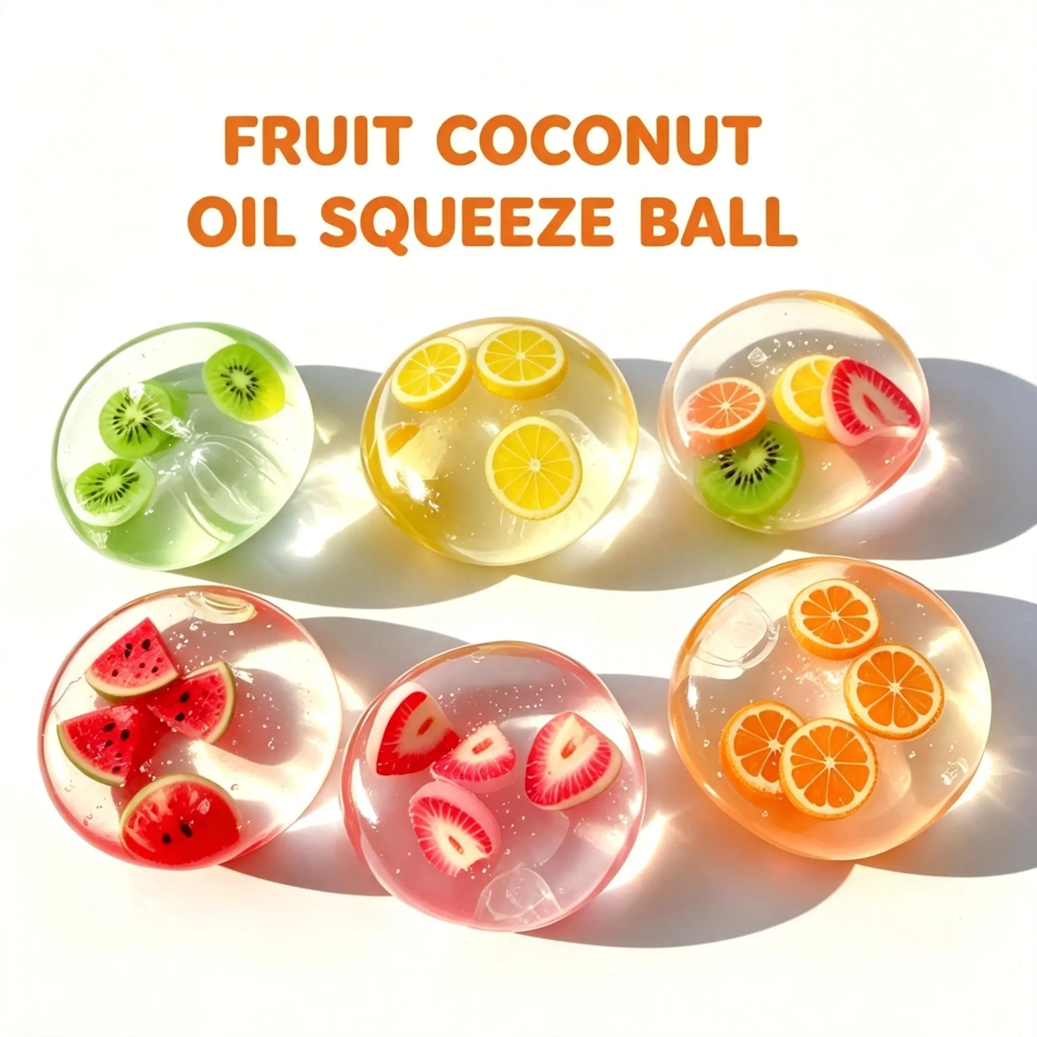 Fruit Coconut Oil Squeeze Squish Ball, Clear Transparent Moldable Non-Rebound Stress Relief Toy, Stretchable Soft Squeeze Fidget Toy for Kids & Adults