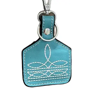 Leather Boot Stitch Cattle Tag Keychain - 3.75" x 2.75" Pendant with Lobster Claw Hooks, available in 3 color Leather Designs