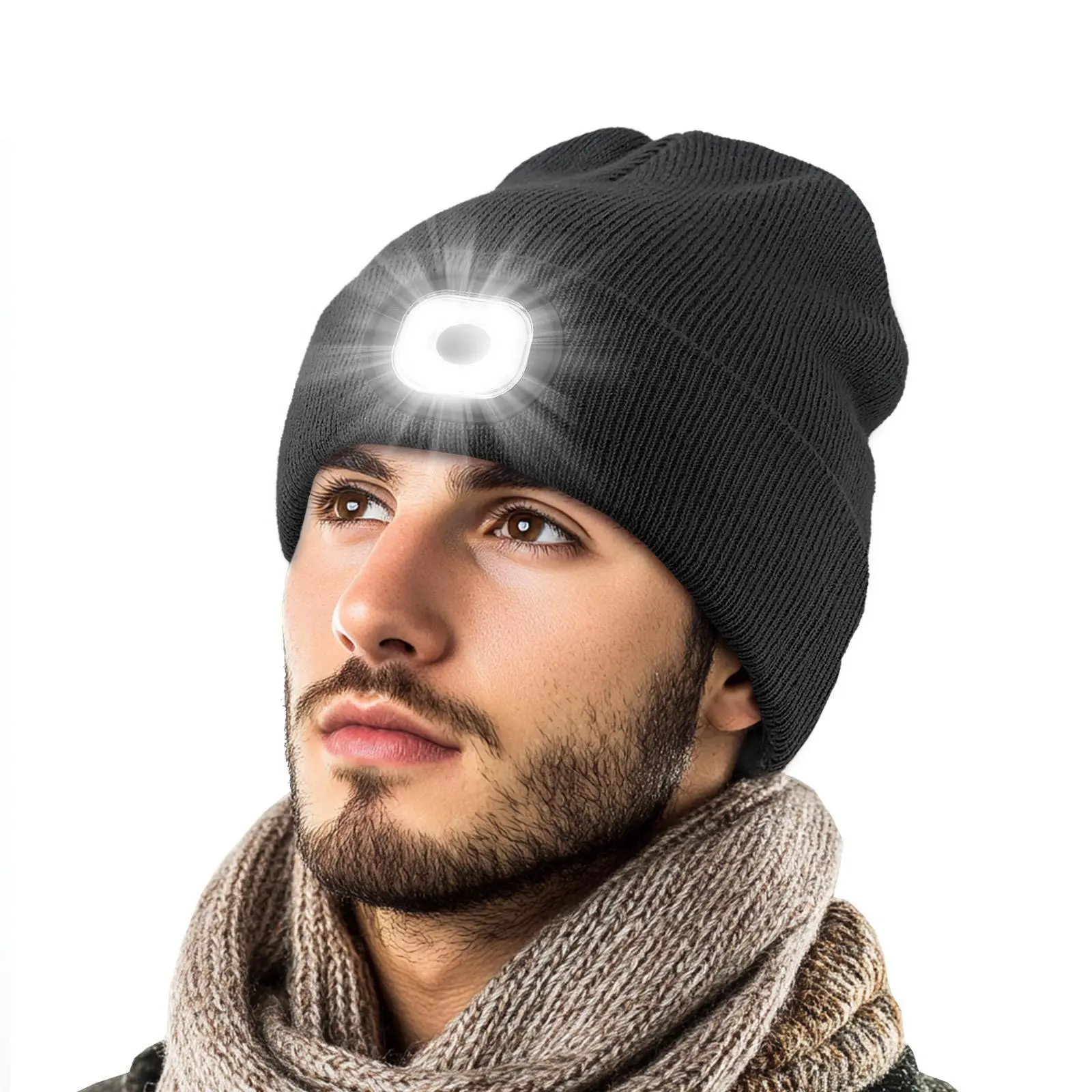 Polyester Solid Knit Beanie with USB-Rechargeable LED Headlamp - Unisex Portable LED Flashlight Hat for Adults, Dads, Outdoor Running, Led Light