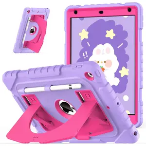Z-PCS17  Kids Case for iPad 9th/ 8th/ 7th Generation 10.2 Inch (2021/2020/2019), Heavy Duty 9 8 7 th Gen iPad Protective Cover with Built-in Kickstand, Pencil Holder for Kids Girls Boys, Purple+Hot Pink Computer Silicone