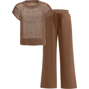 Two Piece Outfits Crochet Sheer Knit Sweater Top Wide Leg Pants Lounge Matching Sets Travel Clothes