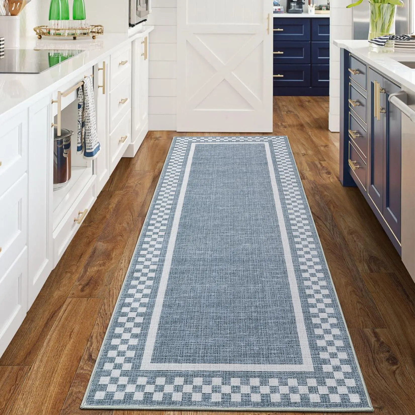 Washable Runner Rug 2x6 Modern Checkered Rug Runner Non Slip Hallway Runners Soft Thin Kitchen Mat Low Pile Non-Shedding Floor Cover Indoor Foldable Carpet for Entryway Bedside Laundry Blue