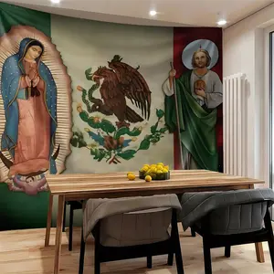 Our Lady of Guadalupe & Mexican Flag Tapestry, Saint Jude Wall Hanging, Religious Patriotic Tapestries, Mexican Heritage Wall Blanket, Striking Backdrop Decor for Bedroom & Dorm