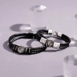 ZC037 New Men's Personalized Engraving Bracelet Black Leather Rope Stainless Steel Disc Bracelet Father's Day Photo Bracelet