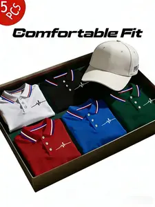 Men's Polo Shirt Set Outfit, Summer New Arrival, Comfortable Fitted Fit, Fashion Home Wear, Pure Color Short Sleeve Print, Casual Sports Golf Shirts