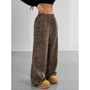 Women'sLeopardPrintDrawstringWaistPants,LadiesBottomsforAllSeasonsWomenswearComfort,LooseCasualComfySlantPocketDesignWideLegTrousersforDailyWear