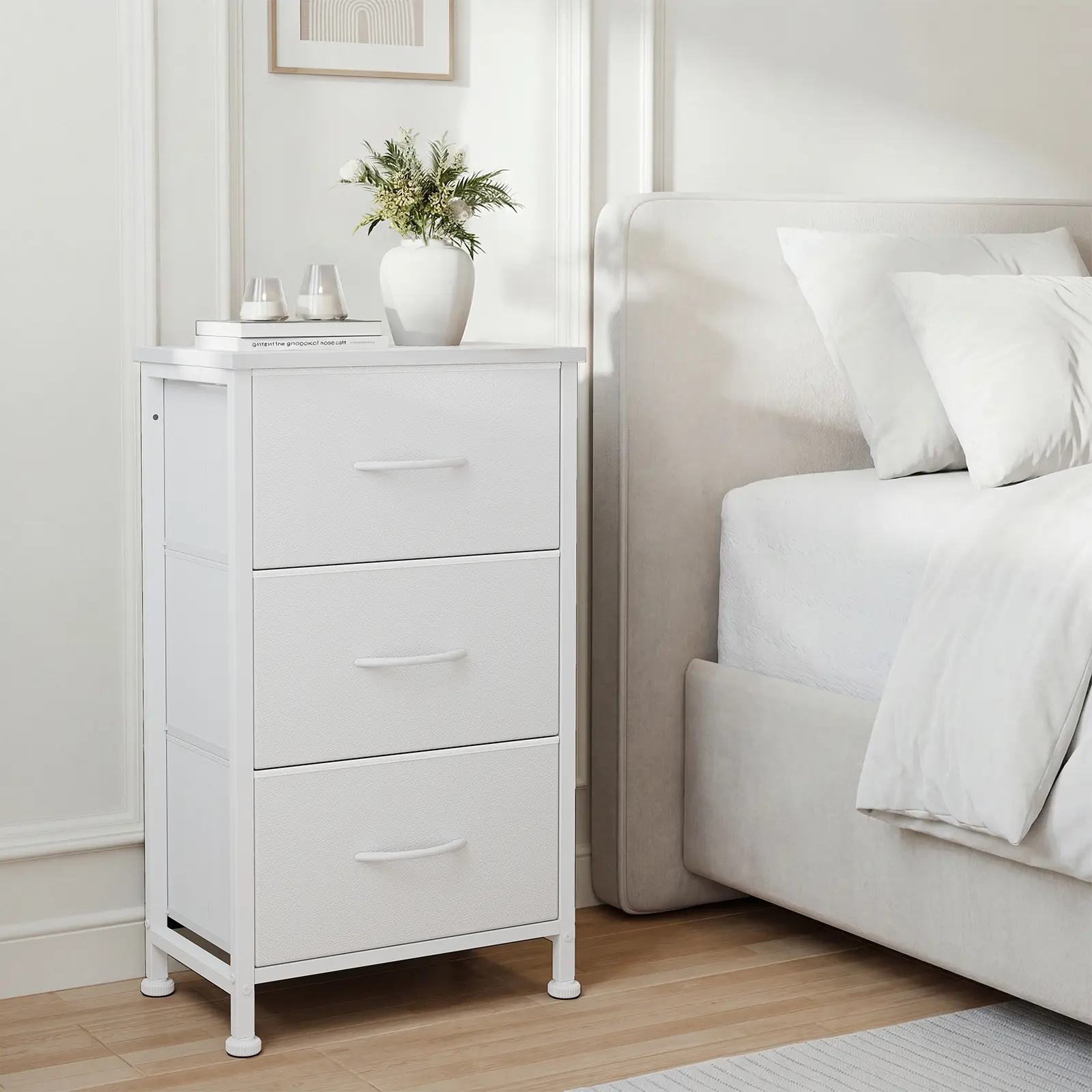 DUMOS 3-Drawer Fabric Dresser with Durable Wooden Top, Small Storage Tower Chest of Drawers for Bedroom, White Nightstand with Sturdy Steel Frame, Closet Storage Organizer Unit for Living Room