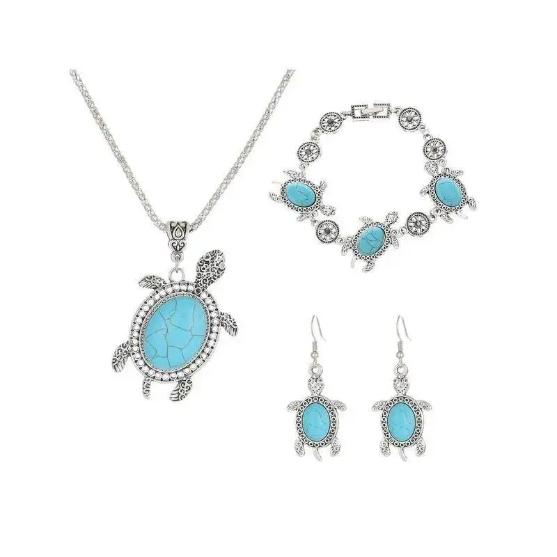Vintage Bohemian Jewelry Set with Handcrafted Turquoise Turtle Charms for Women, 3-Piece Matching Necklace, Bracelet & Earrings, Matching Jewelry Set, Beach, Charm Necklace, Drop Earrings, Metal Coating, Animals