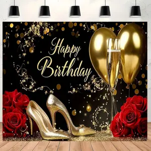 Glittering Happy Birthday Background Banner, 1 Count Champagne Glasses & Rose & Balloons Designed Backdrop, Birthday Party Decoration Supplies, Ornaments, Party Decorations Banners