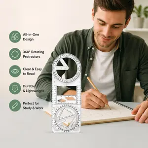 1 Piece Multifunctional Geometry Drawing Ruler, Transparent Ruler with Rotatable Protractor Movable Template for Student Math Drawing Drafting Stationery