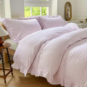 Pink Gingham Ruffle Duvet Cover Queen Size, 3 Pieces Soft Pre-Washed Microfiber Checked Comforter Cover Set, Vintage Farmhouse Bedding Set(Pink Gingham, Queen 90"x90")