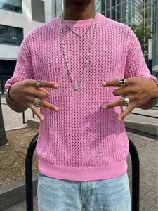 Men's New Casual Loose Simple Solid Wave Texture Korean Vintage Versatile Commuter Fashion Medium Sleeve Round Neck Knit Top Knitwear