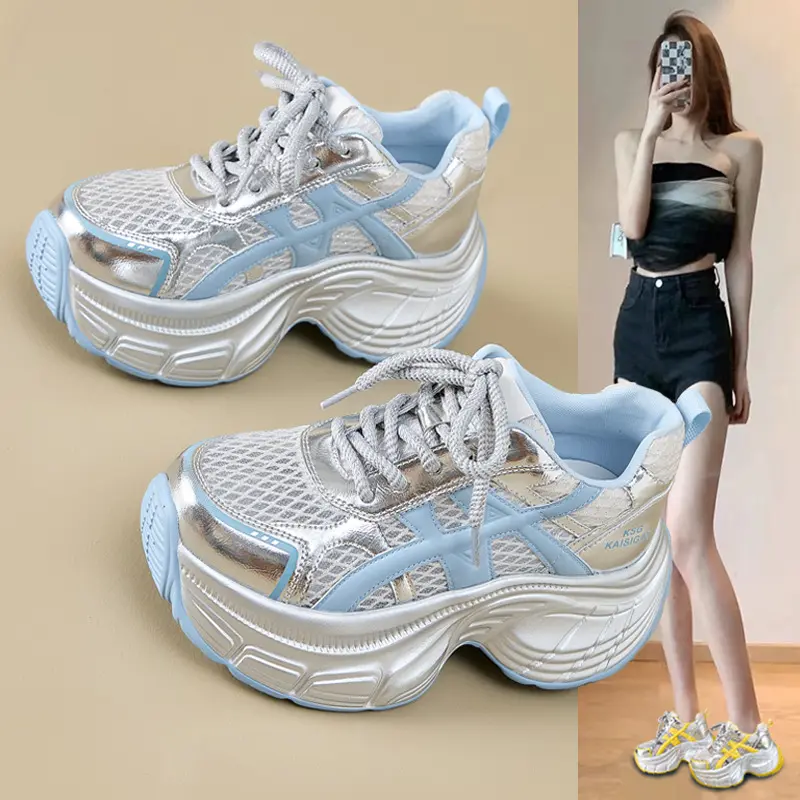 Women's Dad Sneakers 2025 Summer New Style Petite Height Increasing Shoes Sports Casual Shoes Hollow Breathable Mesh Shoes Trainer Girl Footwear Runner