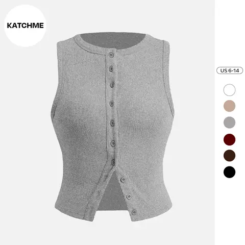 KatchMe Women's Minimalist Solid Color Round Neck Sleeveless Button-Up Tank Top, Basic Casual Top for Lady, Versatile Womenswear, Stretch Top for Daily Wear