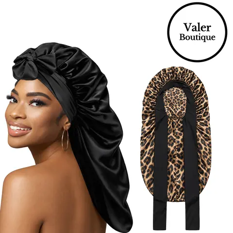 Bonnets for Black Women Braid Bonnet Large Long Satin Silk Bonnet with Stretchy Tie Band Sleep  Shower Cap Hair 2 Count Black&Leopard Cover,valentine's day gifts for her/him