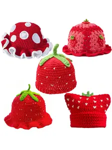 Women's Bohemian Handmade Crochet Strawberry Fisherman Hat, Hollow Out Ruffle Knit Cap, Breathable Foldable Hip-Hop Casual Hat, High Quality Hat, Handcrafted Cap