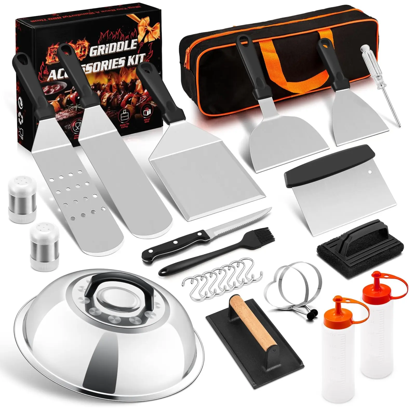 [New Deal]- 26-Piece Griddle Accessories Kit, Flat Top Grill Utensils Tool Set, Stainless Steel Spatulas, Griddle Scraper Chopper, Melting Dome, Bacon Press for Teppanyaki Cooking BBQ, Dishwasher Safe Lid Silicone