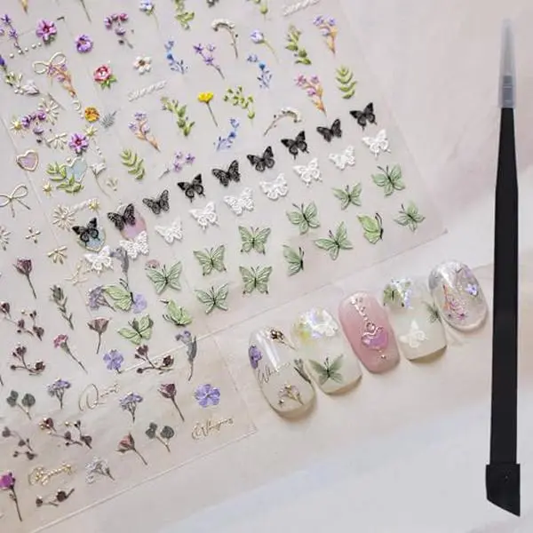 Flower Nail Stickers for Nail Art Decals Charms with Tweezers | 5D Embossed Floral Butterfly and Heart Gem, Self-Adhesive, 5 Styles Craft Nail Supplies, 2 Sheets Women Decoration Kit