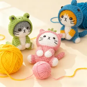 Handmade Crochet DIY Cat Set, Complete Materials & Tools, Cute Transforming Cat Dolls, Perfect for Craft Lovers & Parent-Child Interaction, Handmade Crochet Figure